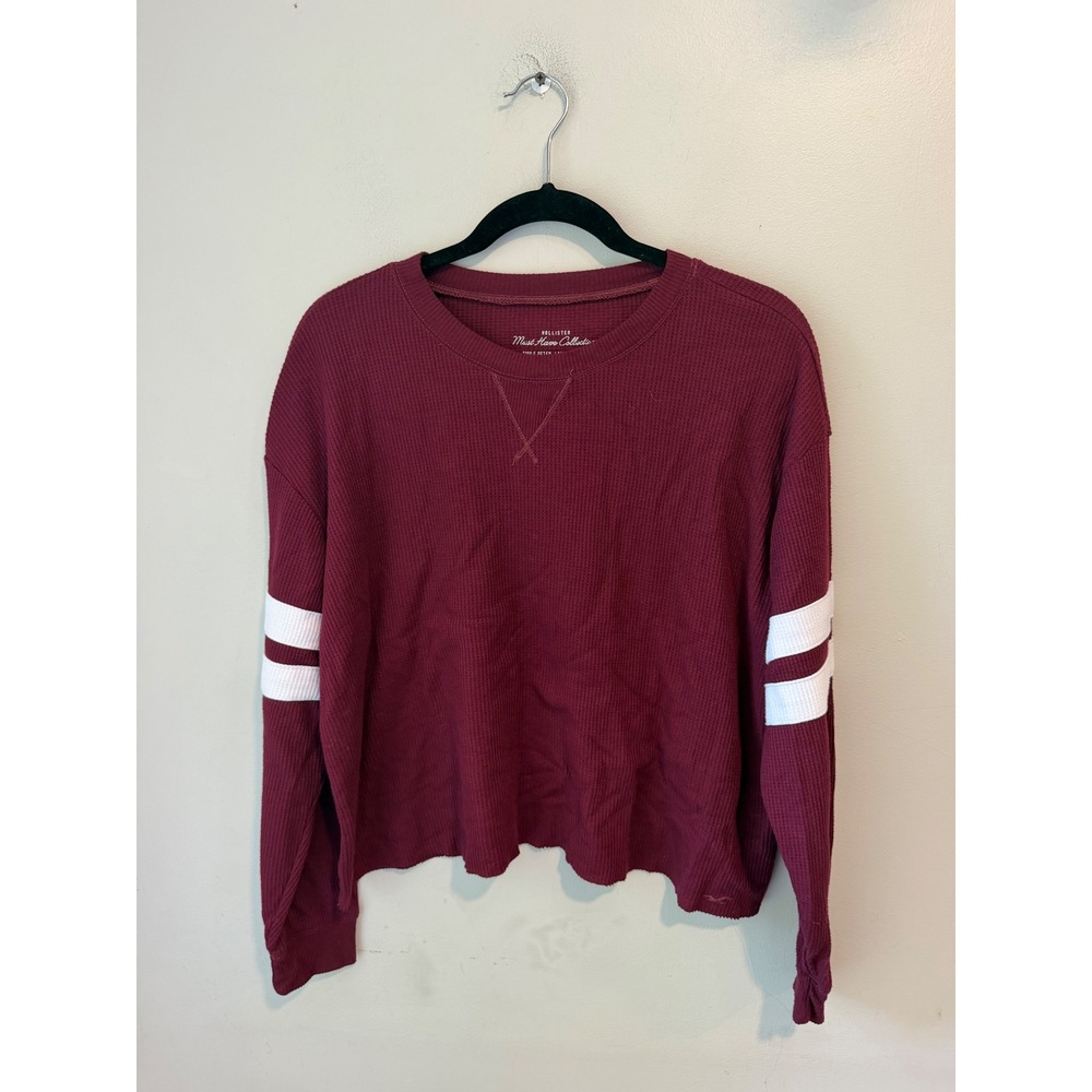 Hollister Must Have Collection Waffle Knit Top Burgundy Striped Sleeve Small